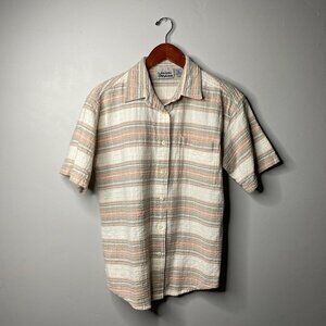 90s vintage short, sleeved button up shirt, cream and pink by lemon grass